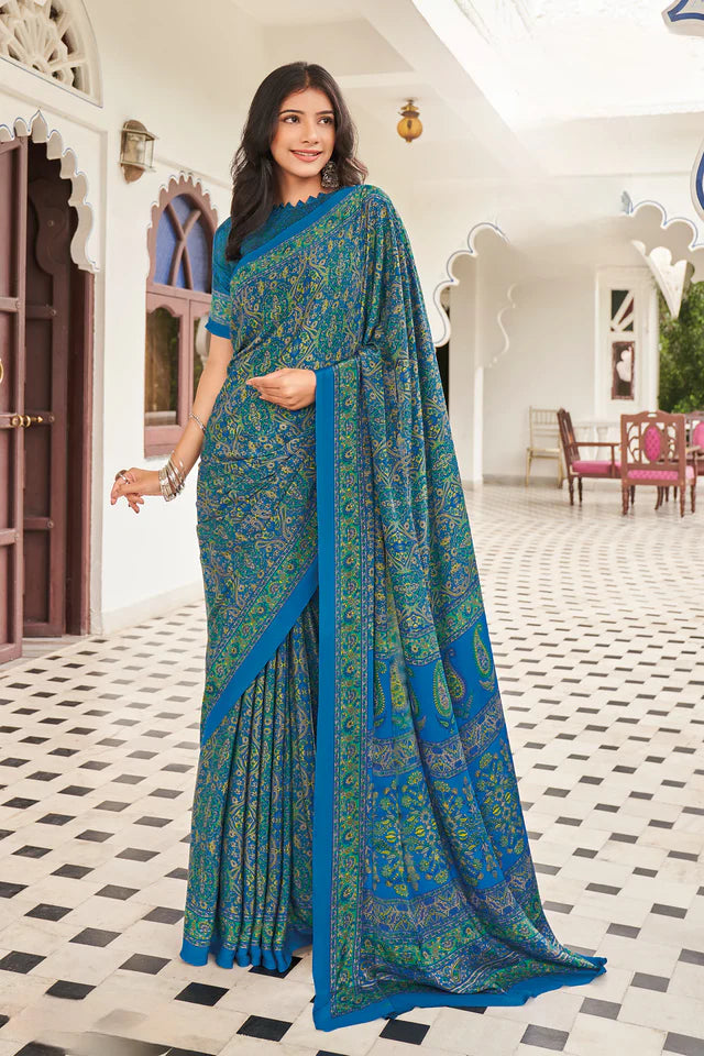 Blue and GreenColor CrapeSaree -Heritage Collection