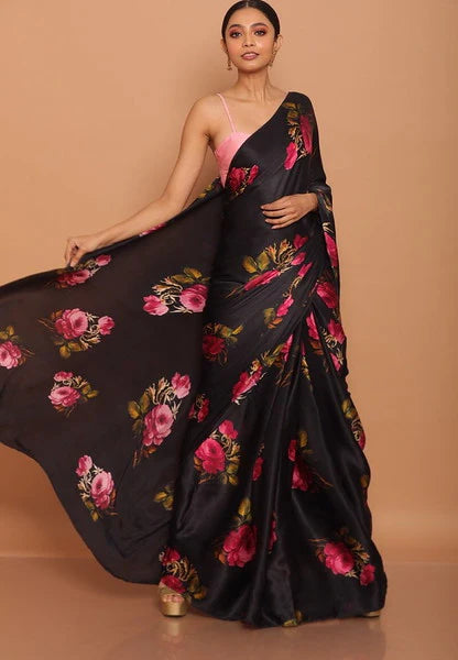 Black and Pink Color Japan Silk Casual Wear Saree - Ipsit Collection