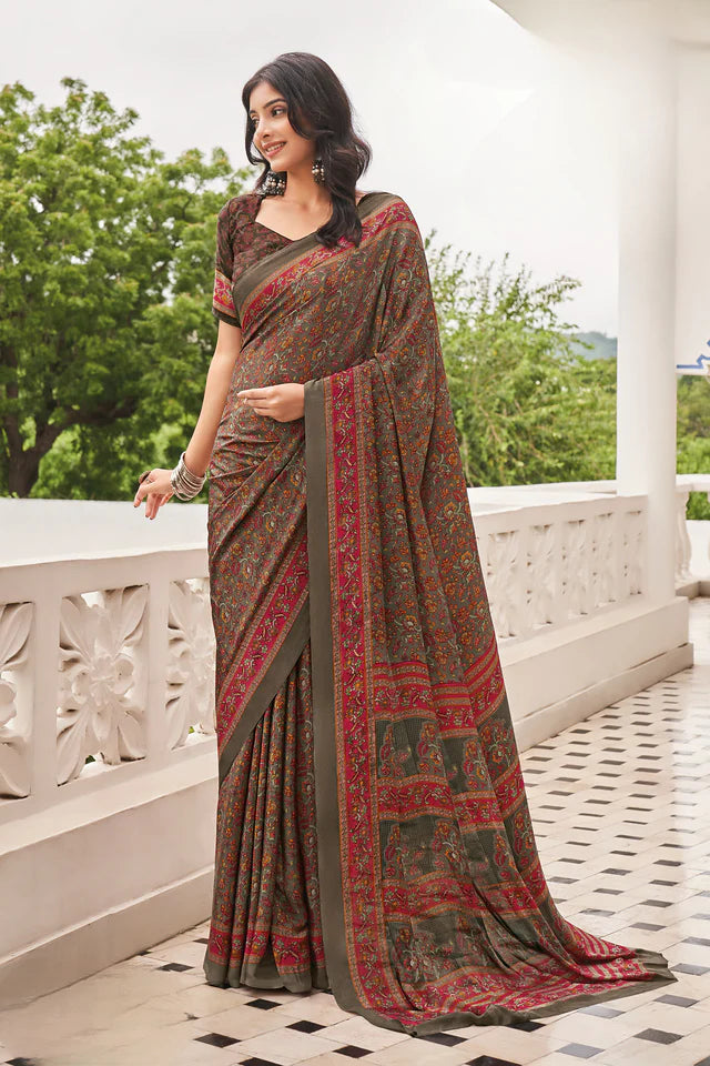 Red and GreenColor CrapeSaree -Heritage Collection