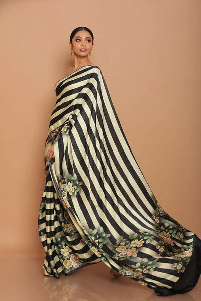 Off white and Black Color Japan Silk Casual Wear Saree - Ipsit Collection