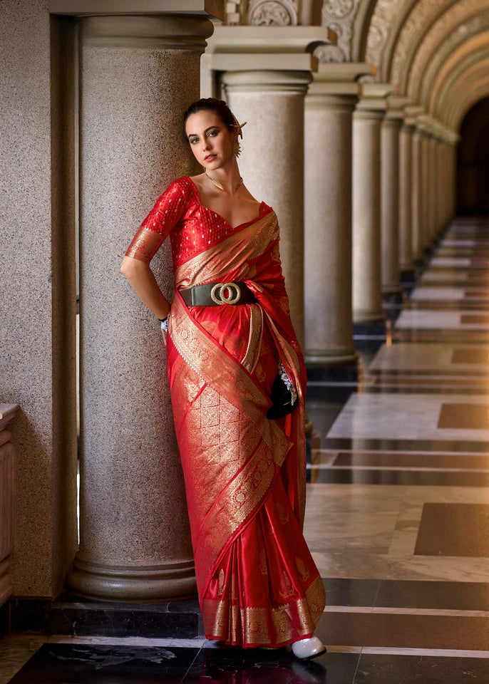 Red Color Satin Crepe Munga Silk Saree from  Vivah Collection