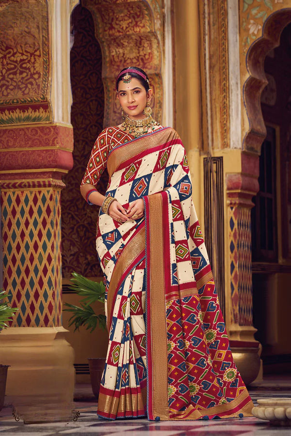 Off white and redColor Patola SilkSaree -Aroma Collection